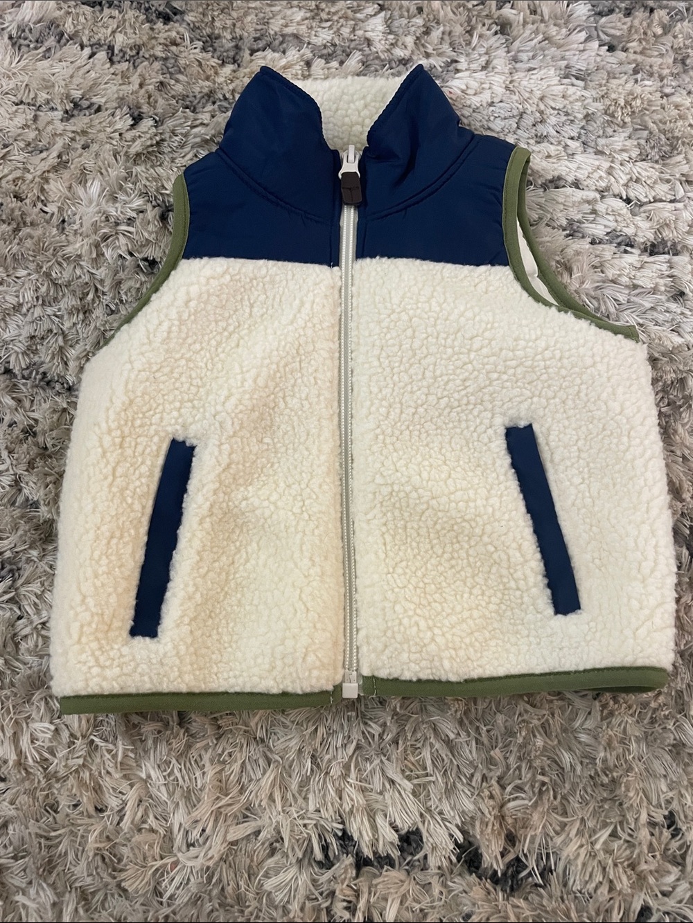 Cream Sherpa Vest with Navy Accents and Olive Trim - Kids